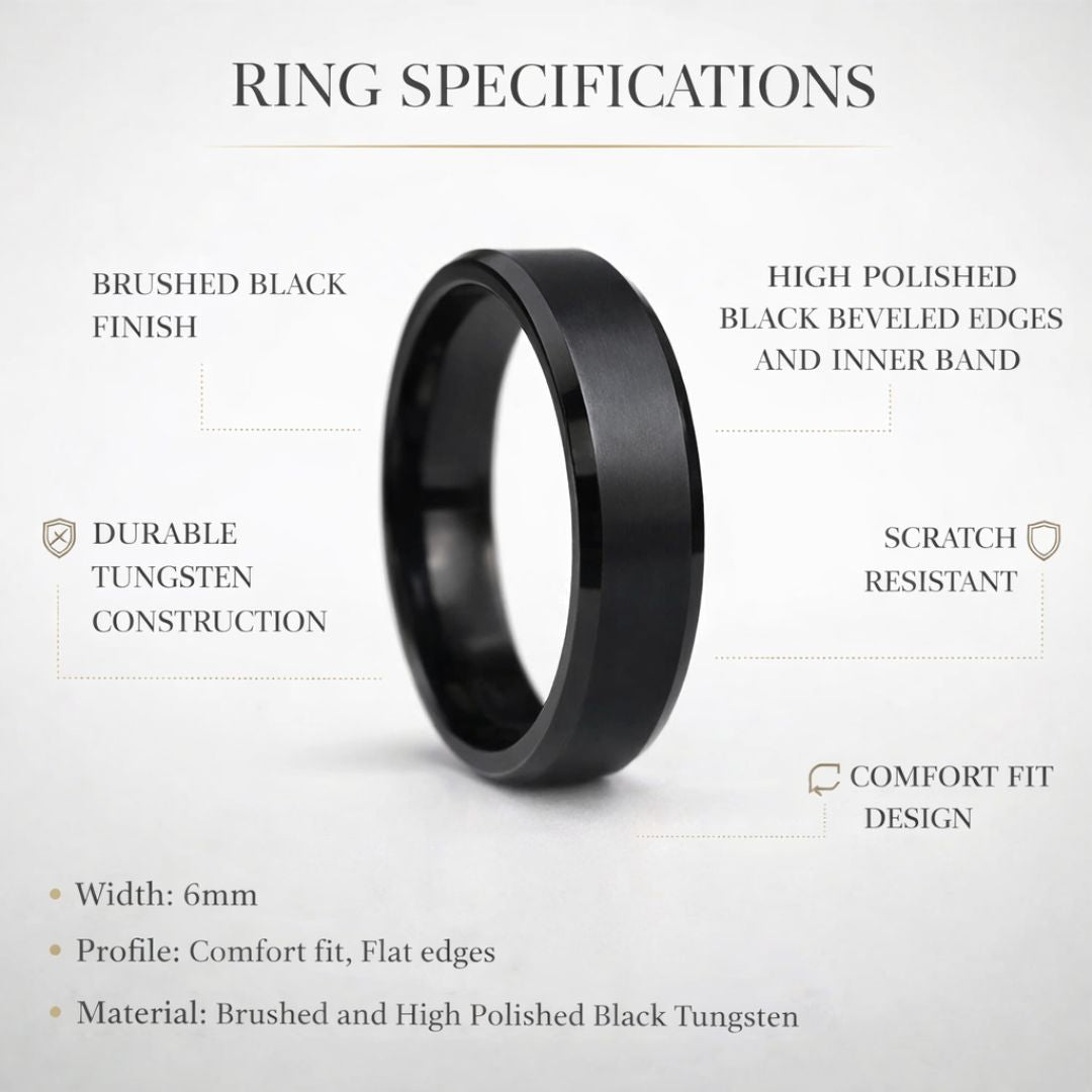 Tungsten Ring 6mm Brushed Black with Beveled Edge - Tungsten Titans