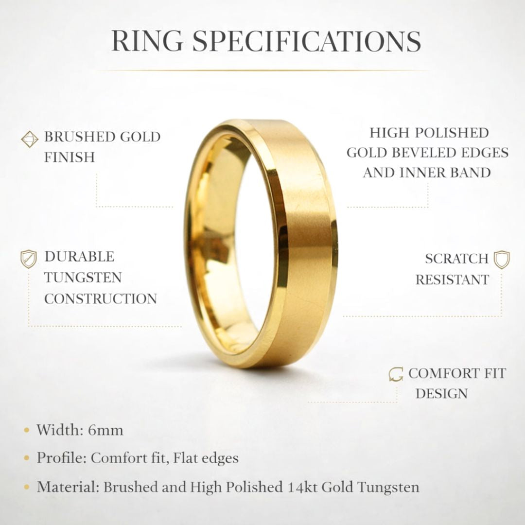 Tungsten 6mm Ring Brushed Gold with Beveled Edges and Comfort fit band - Tungsten Titans