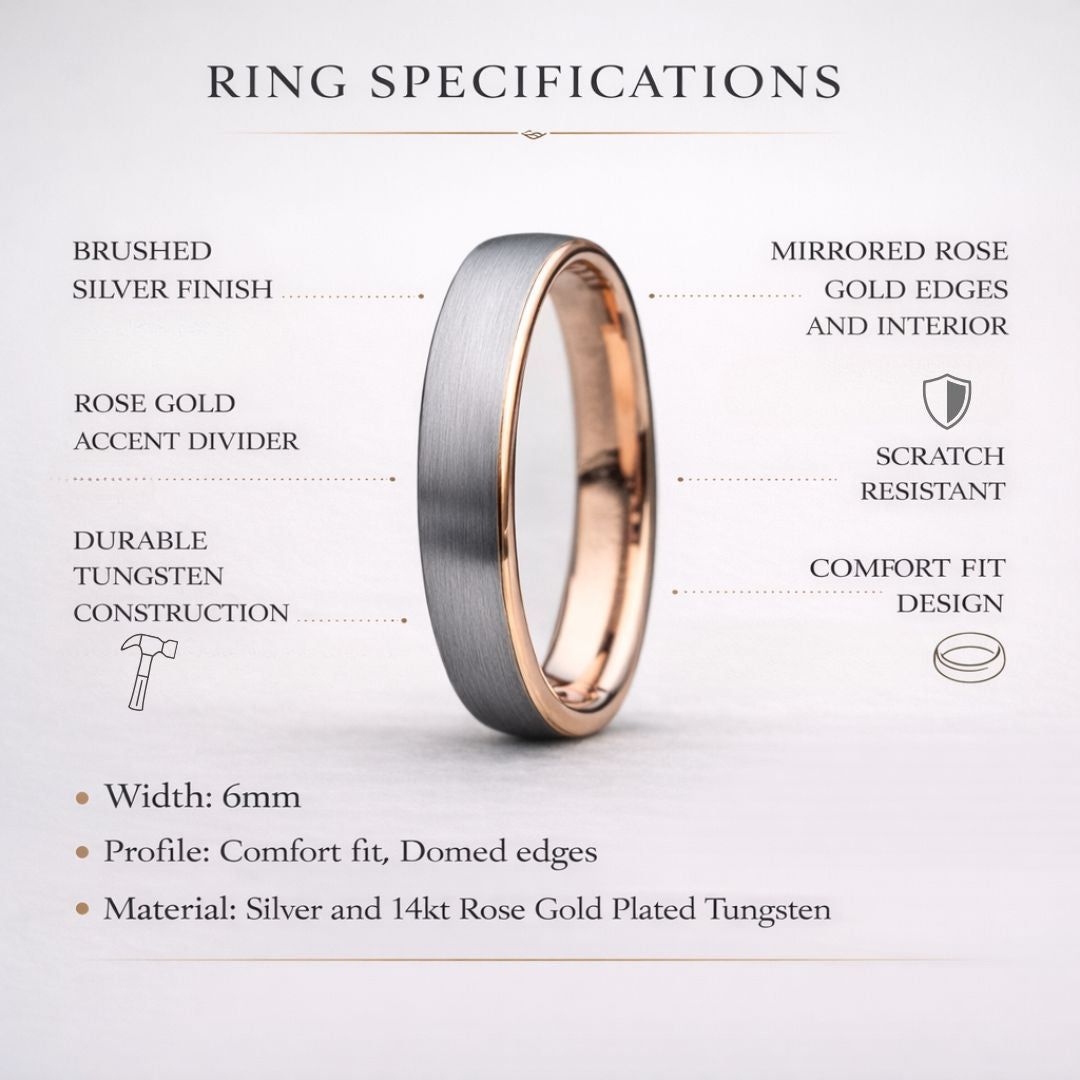 Tungsten 6mm Ring Brushed Silver with Rose Gold Comfort fit band - Tungsten Titans