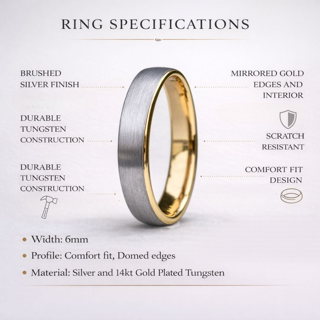 Tungsten Ring 6mm Brushed Silver with Yellow Gold Comfort fit band - Tungsten Titans