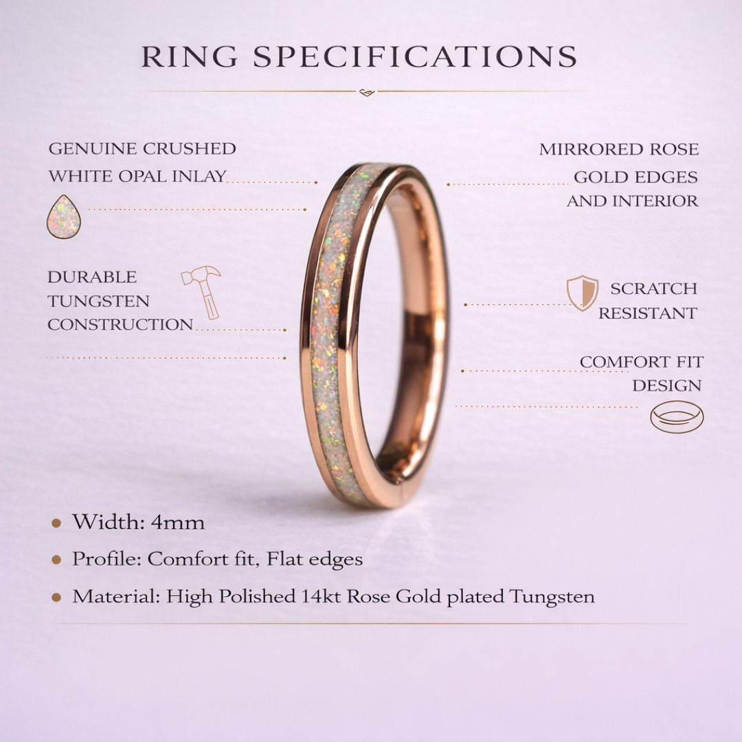 Tungsten 4mm Rose Gold Ring Crushed White Opal Wedding Band - Tungsten Titans