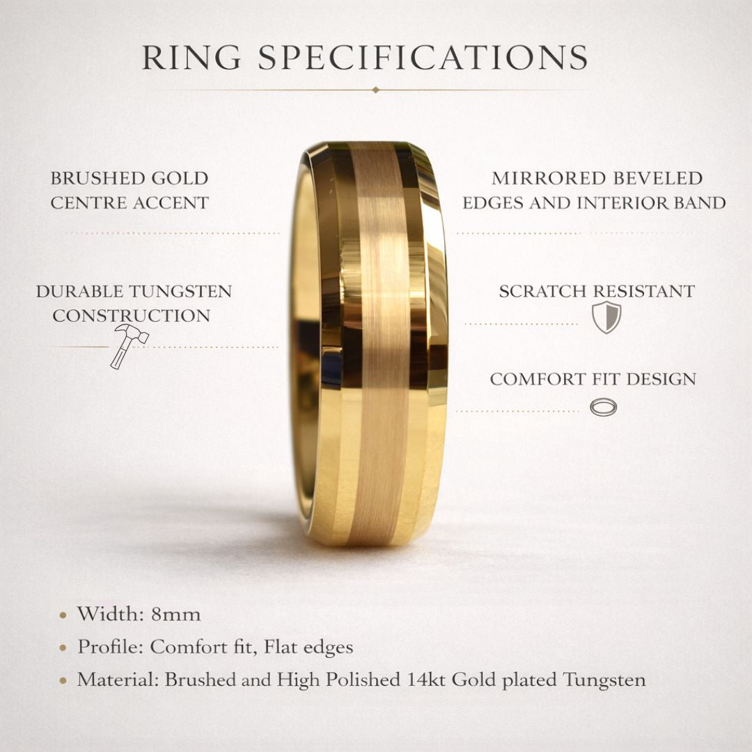 Tungsten 8mm Brushed Gold Ring with High Polished Edges - Tungsten Titans