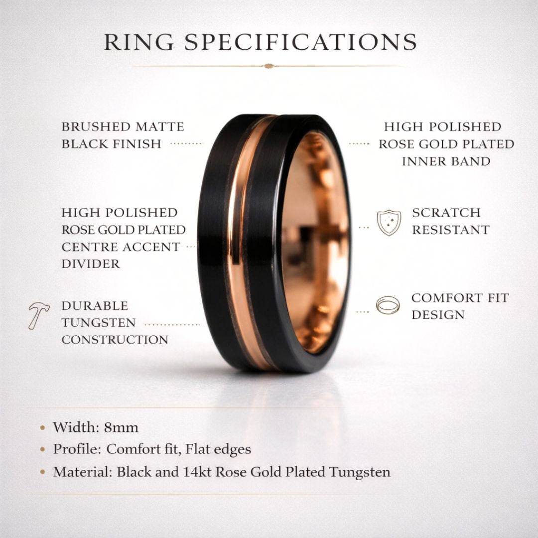Black 8mm Tungsten Ring with Rose Gold Center - Tungsten Titans