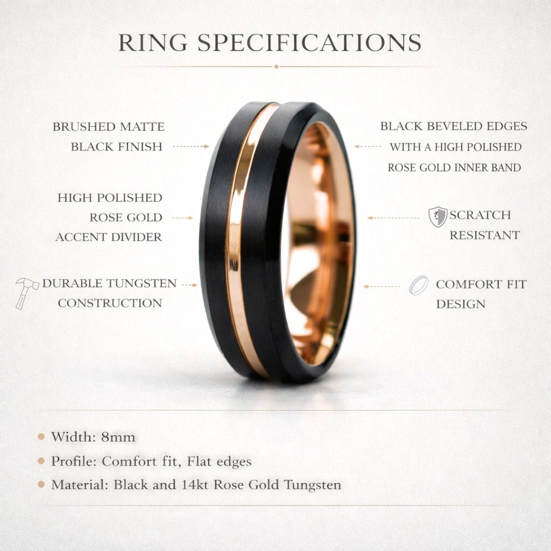 Black 8mm Tungsten Ring with Rose Gold Center Strip - Tungsten Titans