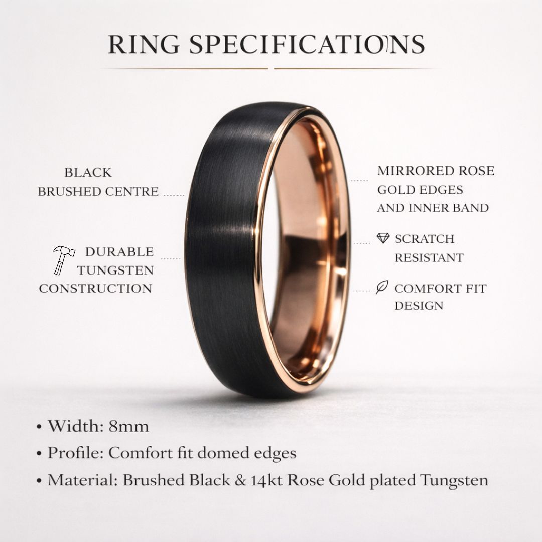 Black Brushed 8mm Tungsten Ring with Rose Gold Band - Tungsten Titans