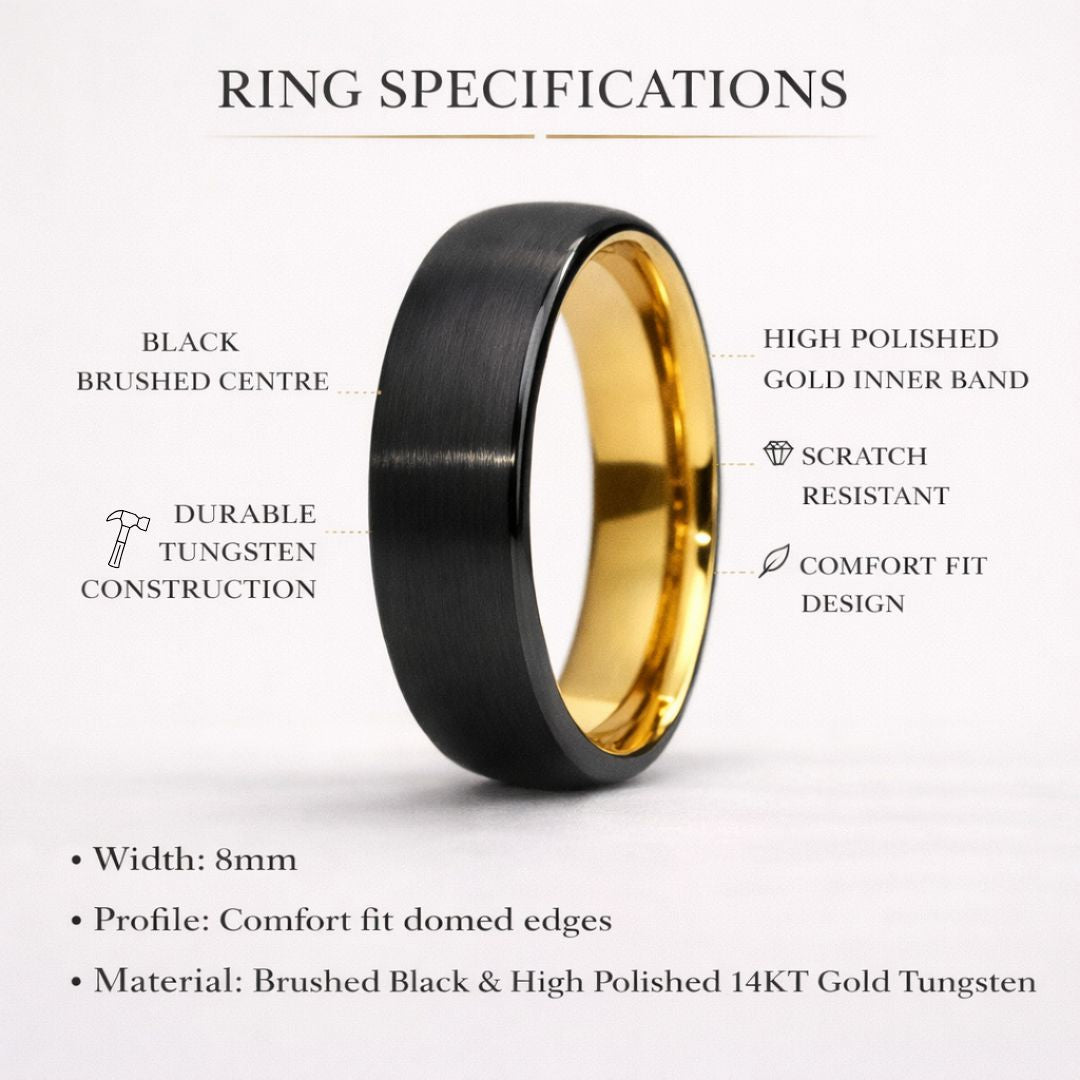 Black Brushed 8mm Tungsten Ring with Gold Inner Band - Tungsten Titans