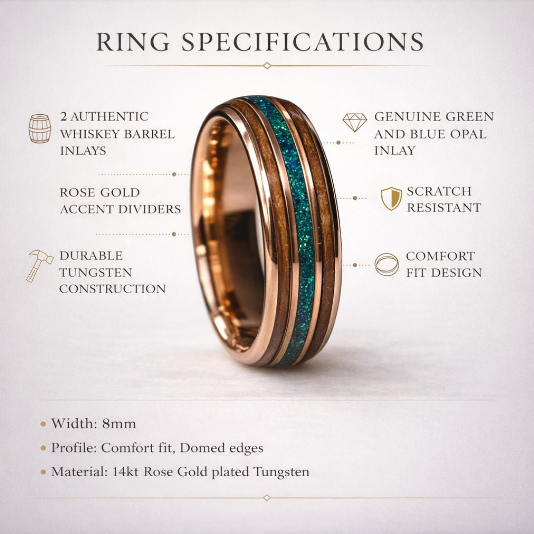 Tungsten 8mm Rose Gold Ring with Crushed Green & Blue Opal and Whiskey Barrel - Tungsten Titans