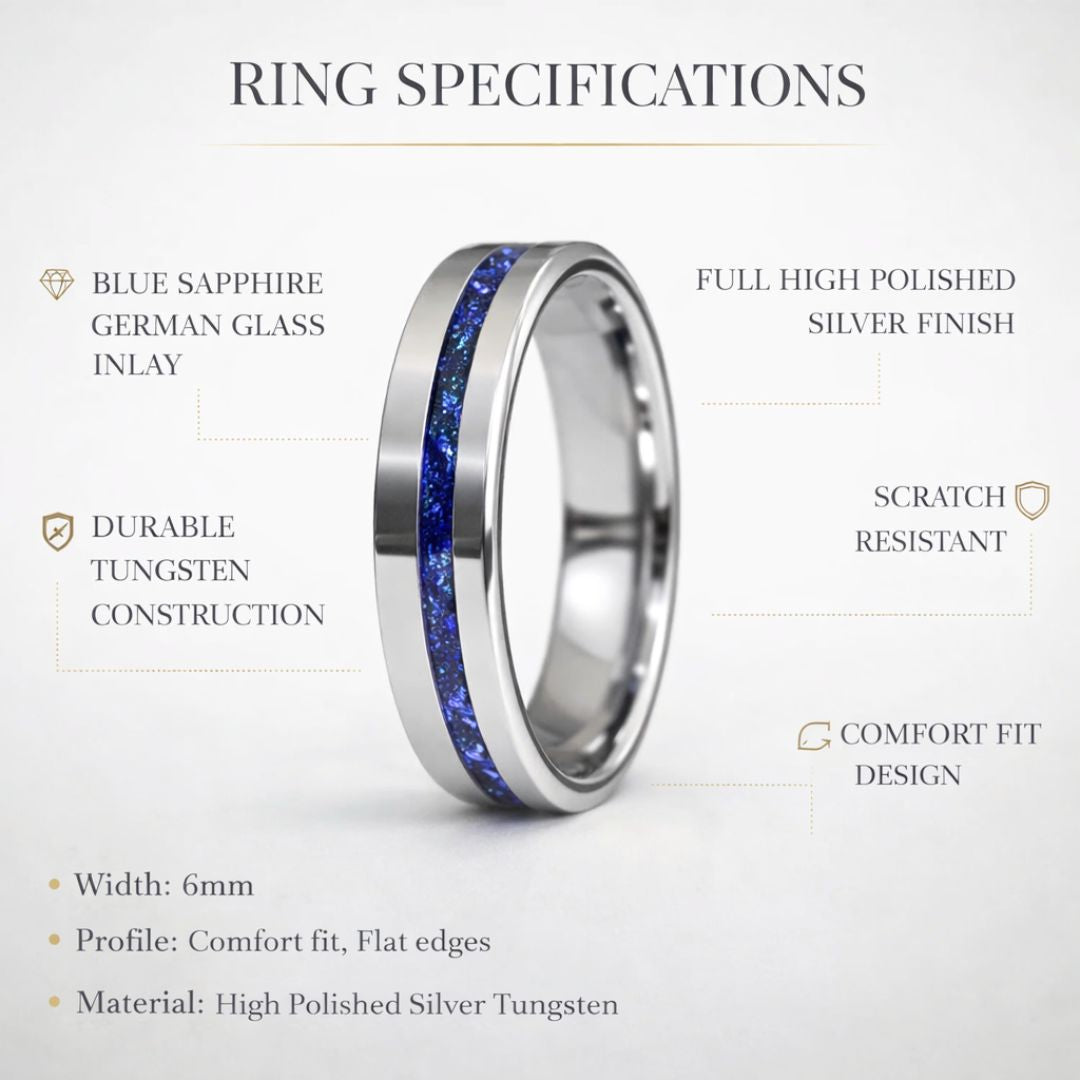 Tungsten 6mm Ring Blue Sapphire German Glass Wedding Band - Tungsten Titans