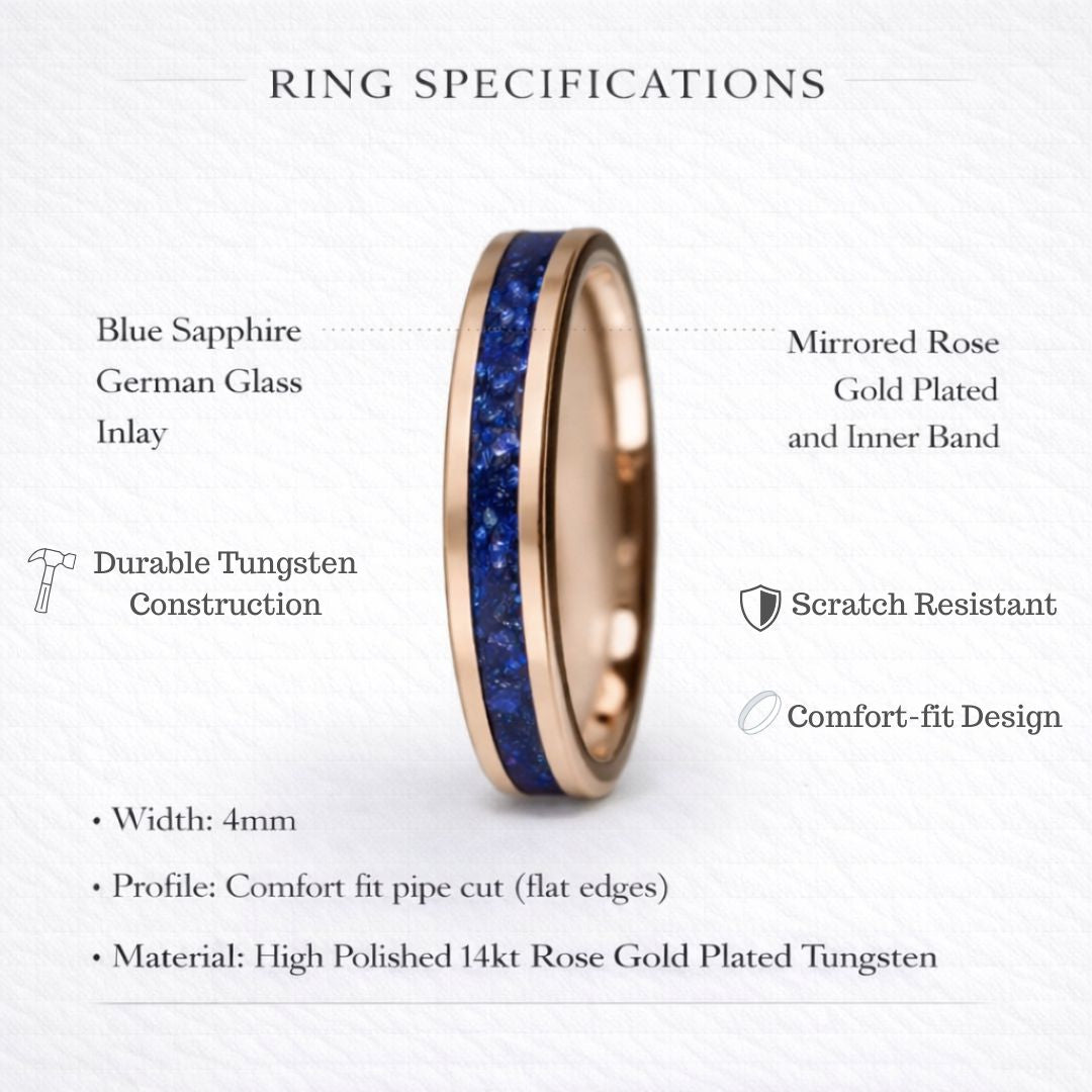 Tungsten 4mm Rose Gold Ring Blue Sapphire German Glass Wedding Band - Tungsten Titans