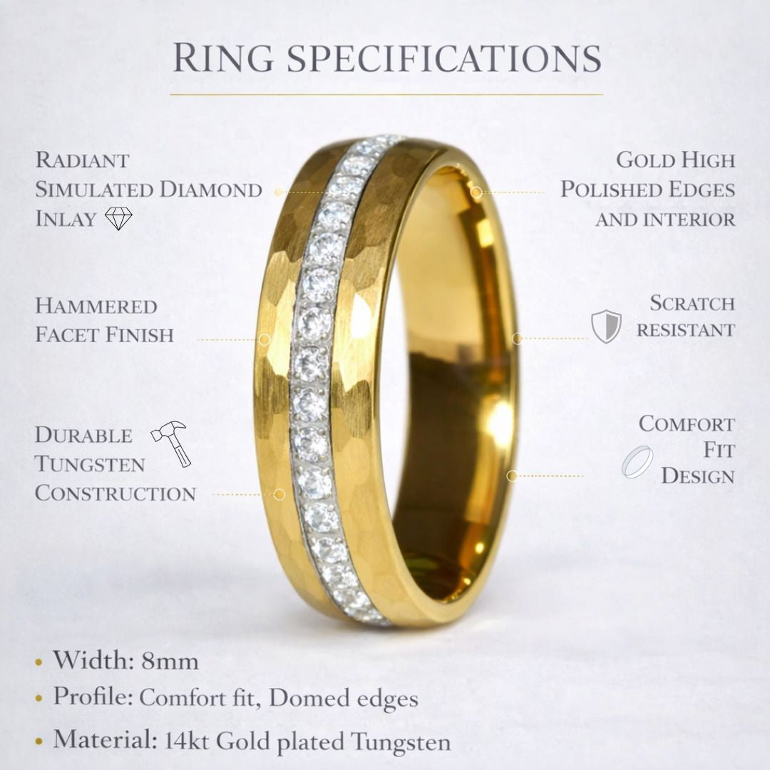 Hammered Gold Tungsten Ring with Brilliant Simulated Diamond Inlay - Tungsten Titans