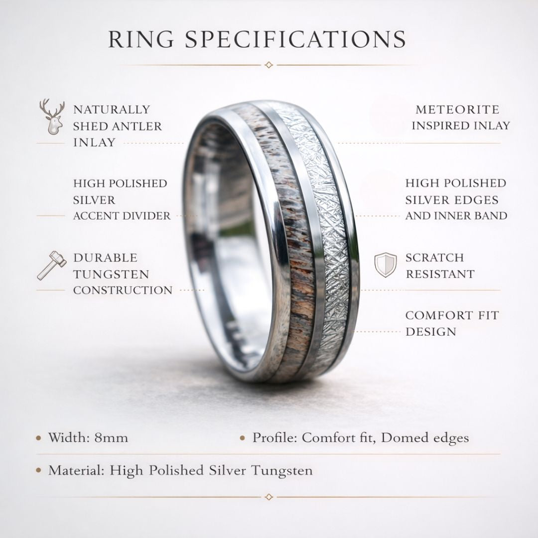 Silver Tungsten 8mm Ring with Deer Antler and Meteorite - Tungsten Titans