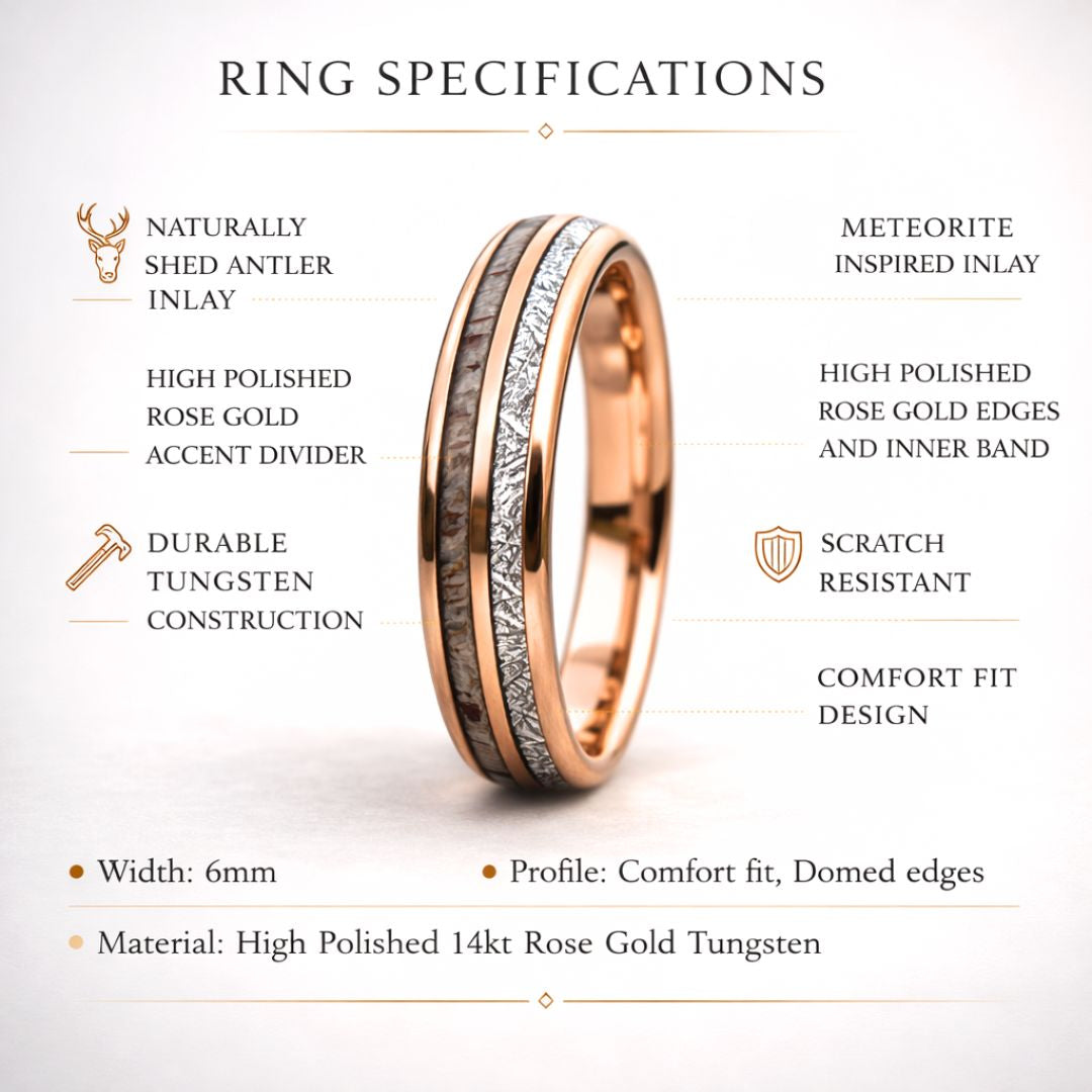 Rose Gold Tungsten 6mm Ring with Deer Antler and Meteorite - Tungsten Titans