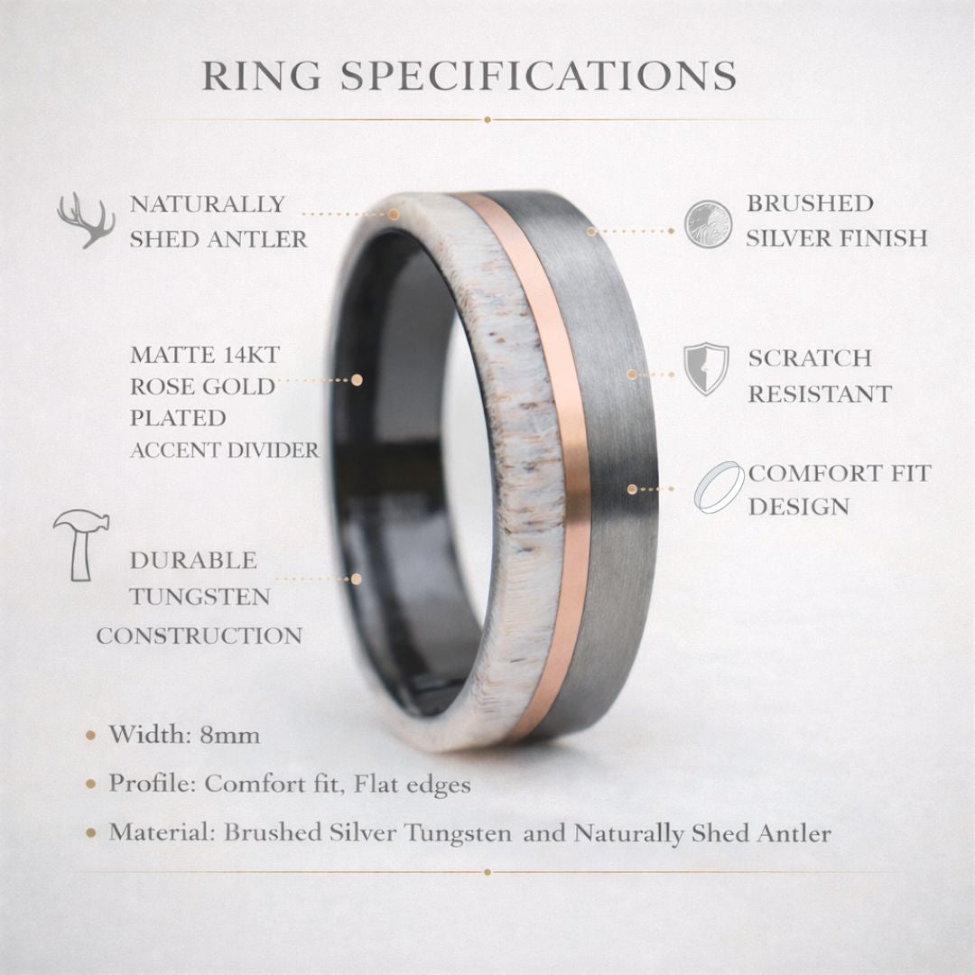 Deer Antler and Brushed Silver Tungsten 8mm Ring with Rose Gold Center - Tungsten Titans