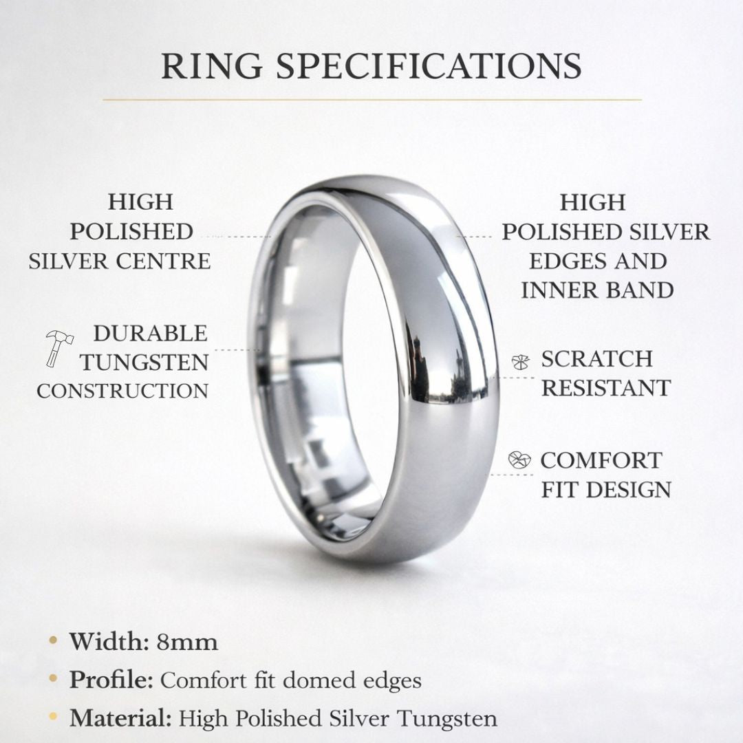 Tungsten 8mm Silver Dome Ring - Tungsten Titans