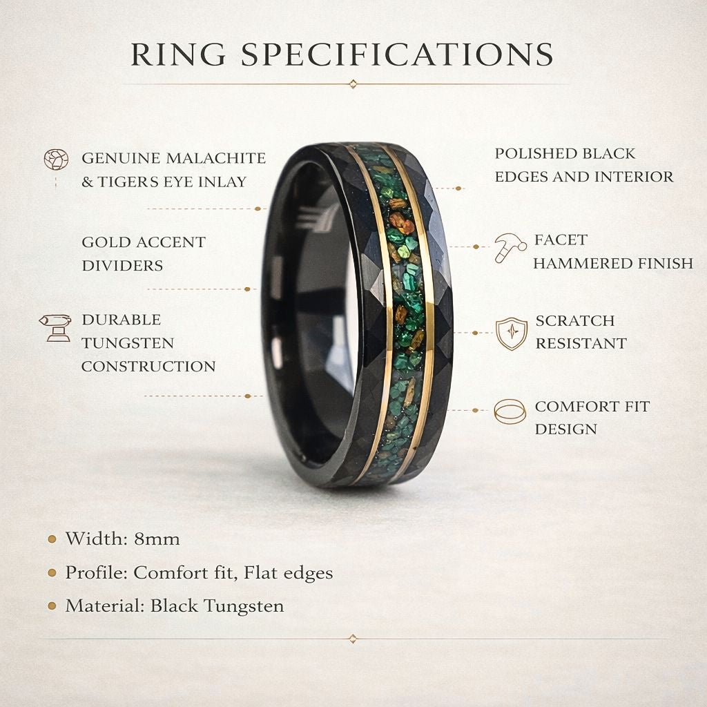Malachite & Tiger’s Eye Inlay Hammered Black Tungsten Ring - Tungsten Titans