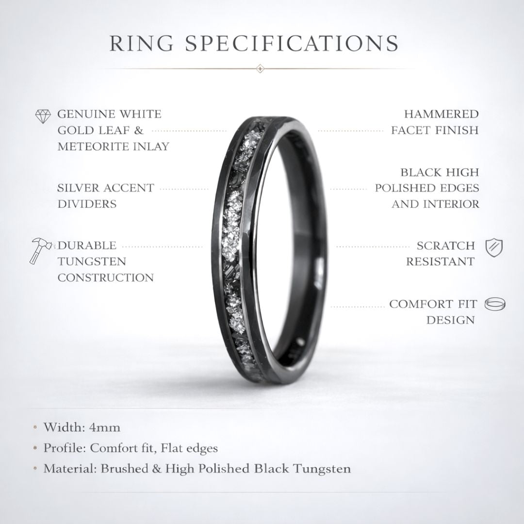 Hammered 4mm Black Tungsten Ring with White Gold Leaf and Meteorite Inlay - Tungsten Titans