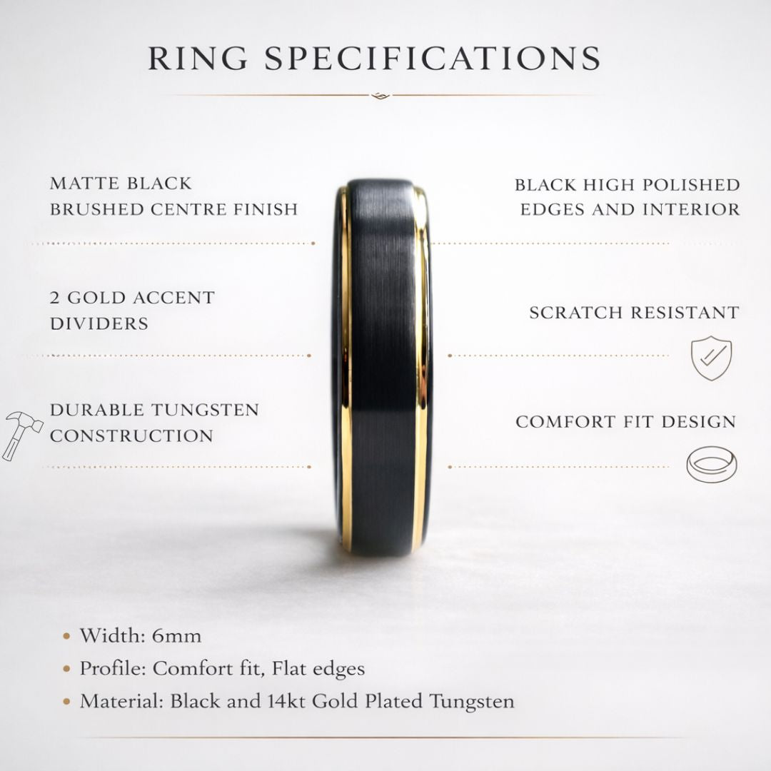 Black 5mm Tungsten Ring with Gold Bevelled Edges - Tungsten Titans