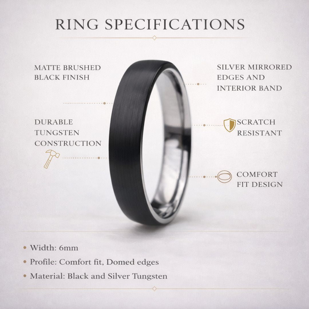 Black Brushed Tungsten 6mm Ring with Silver band - Tungsten Titans