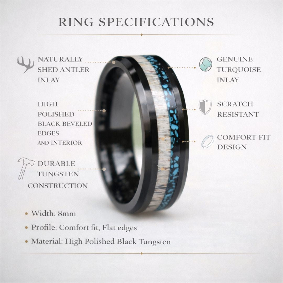 Tungsten 8mm Ring Black with Deer Antler and Crushed Turquoise - Tungsten Titans