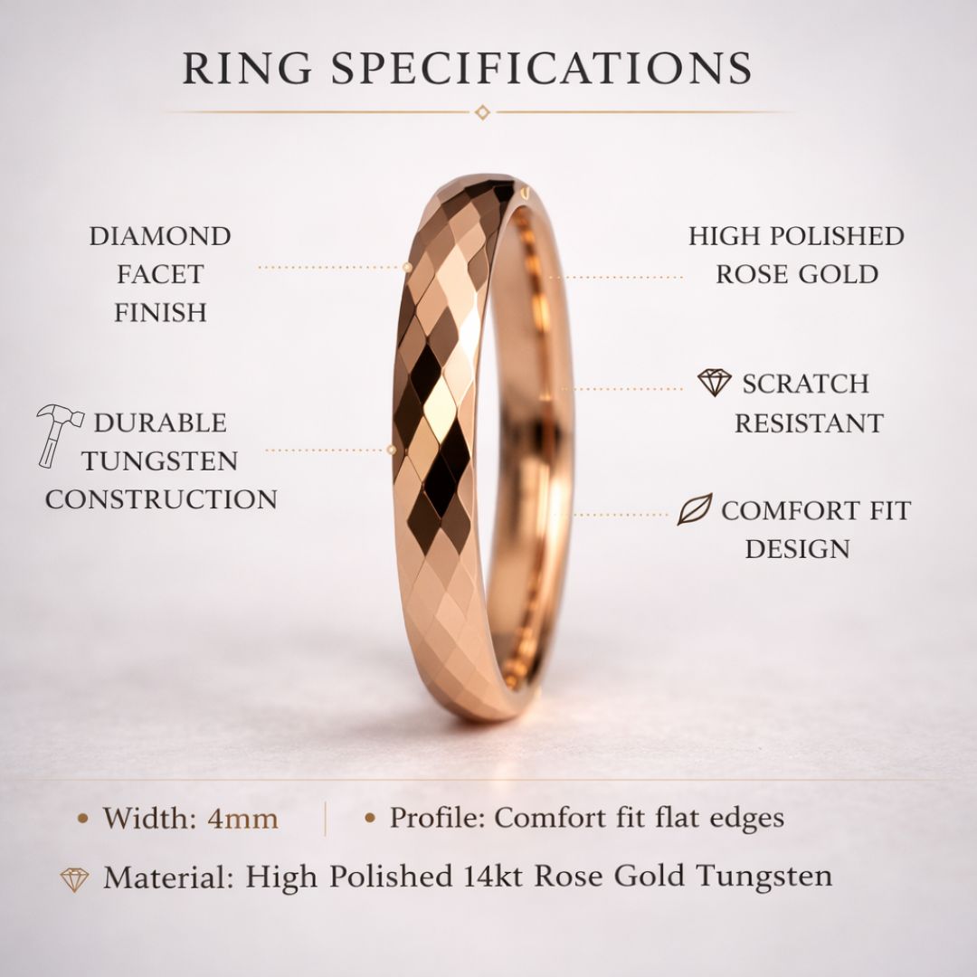 Tungsten Diamond Facet Rose Gold 4mm Ring - Tungsten Titans