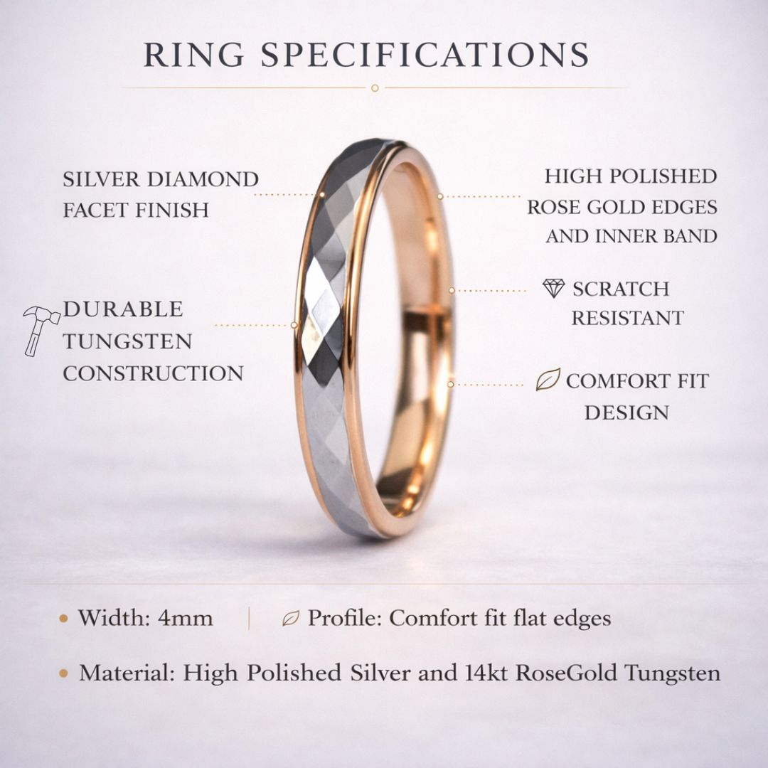 Tungsten 4mm Diamond Facet Silver Ring with Rose Gold Edges - Tungsten Titans