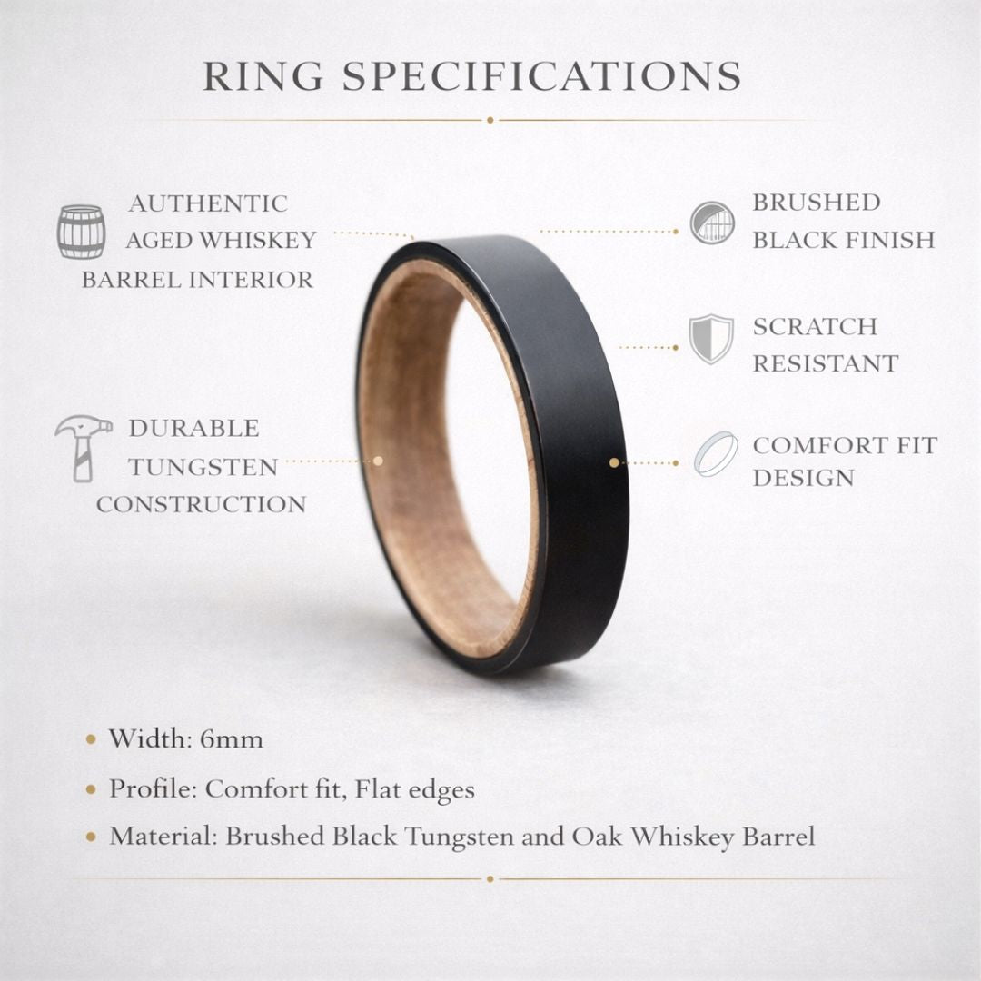 Black 6mm Tungsten with Whiskey Barrel Inner Band - Tungsten Titans