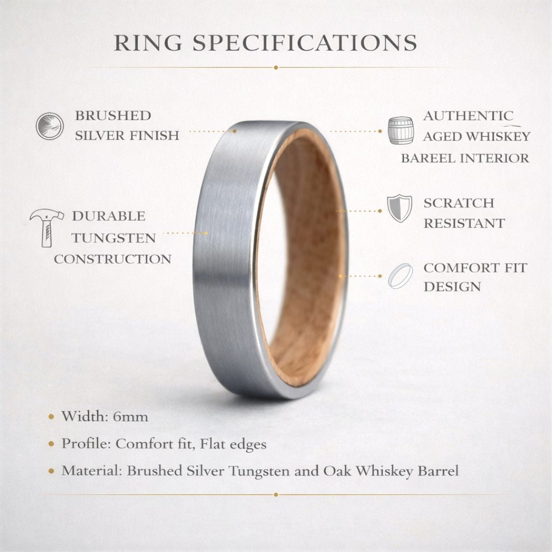 Silver Tungsten 6mm Ring with Whiskey Barrel Inner Band - Tungsten Titans