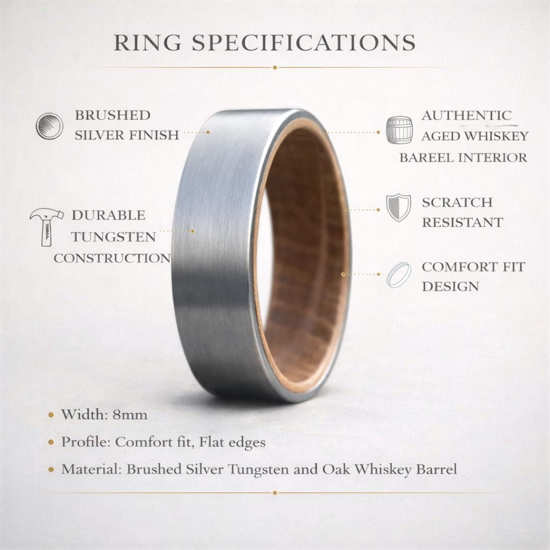 Silver Tungsten 8mm Ring with Whiskey Barrel Inner Band - Tungsten Titans