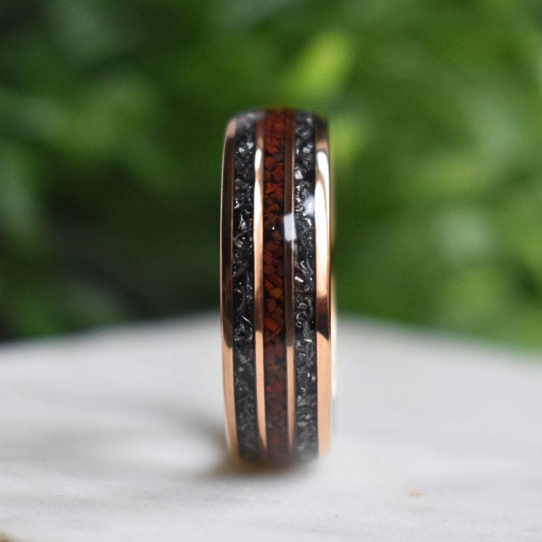 Tungsten 8mm Rose Gold Ring with Red Dinosaur Bone & Meteorite Ring