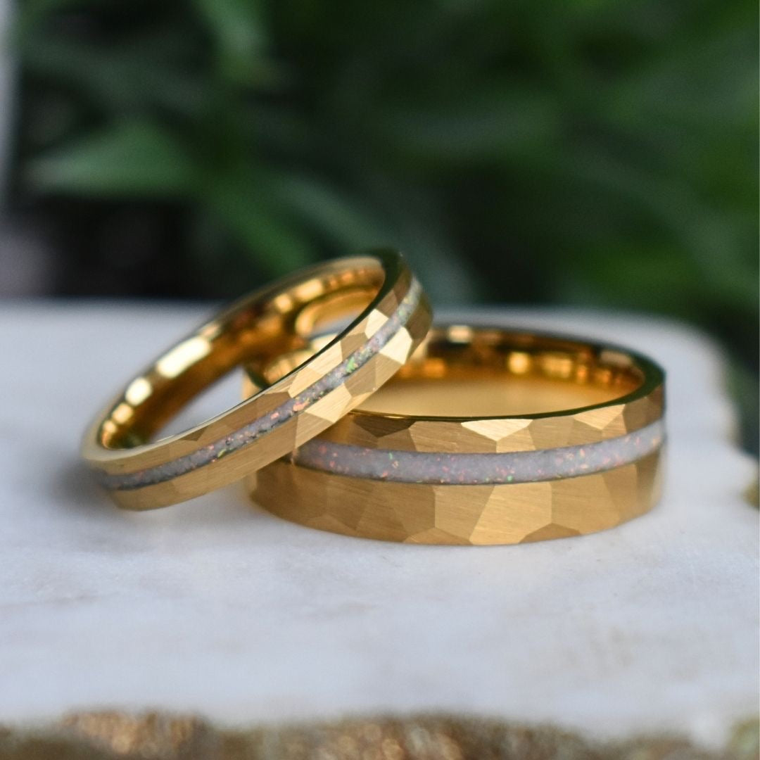 Tungsten 8mm Hammered Yellow Gold Ring with Crushed Opal Centre