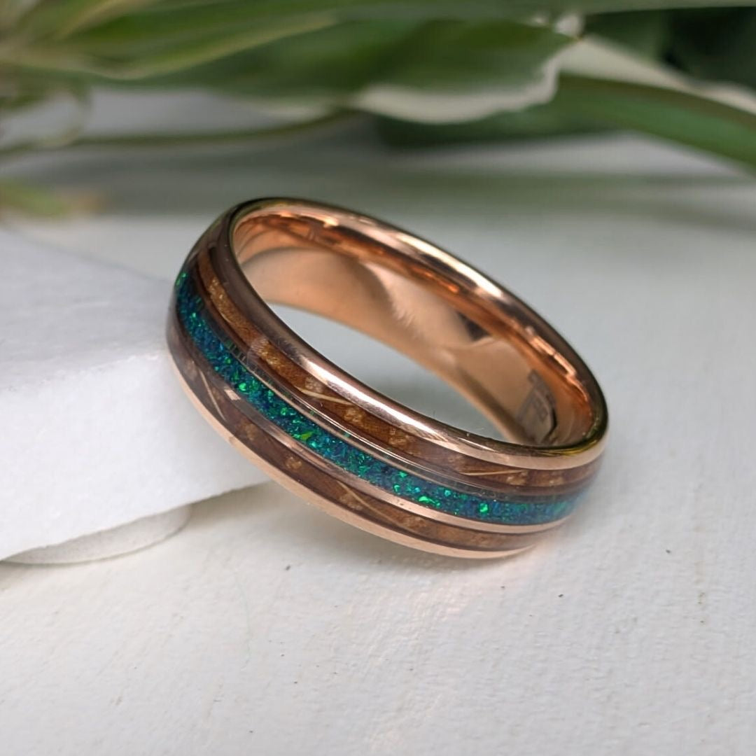 Tungsten 8mm Rose Gold Ring with Crushed Green & Blue Opal and Whiskey Barrel