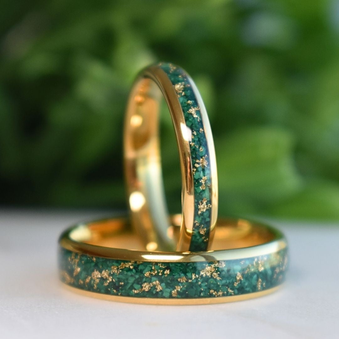 Tungsten 4mm Gold Ring with Malachite & Gold Leaf Inlay