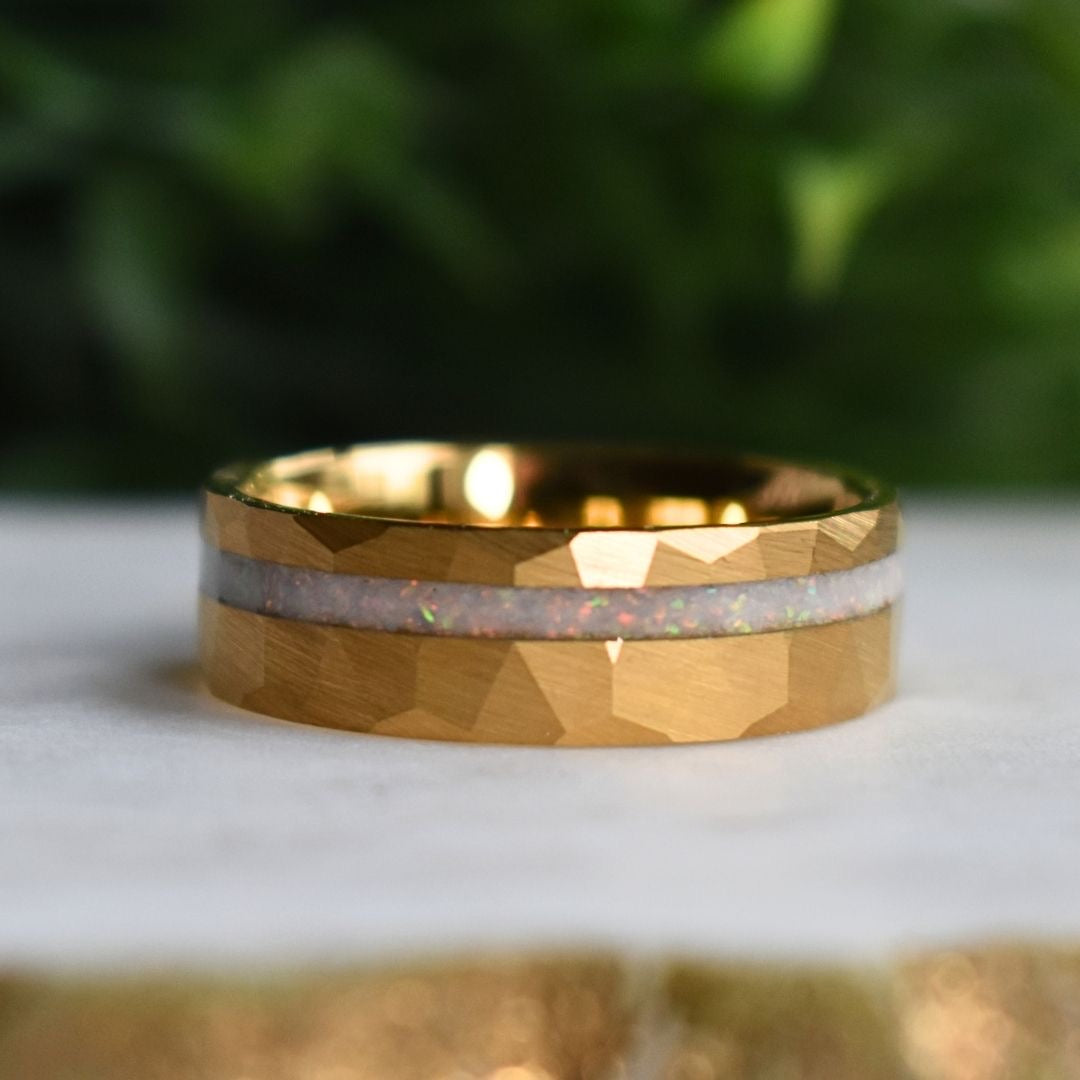 Tungsten 8mm Hammered Yellow Gold Ring with Crushed Opal Centre
