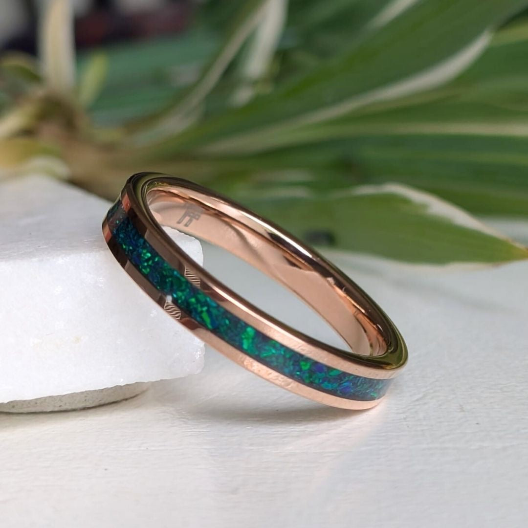 Tungsten 4mm Rose Gold Ring Crushed Green and Blue Opal Wedding Band