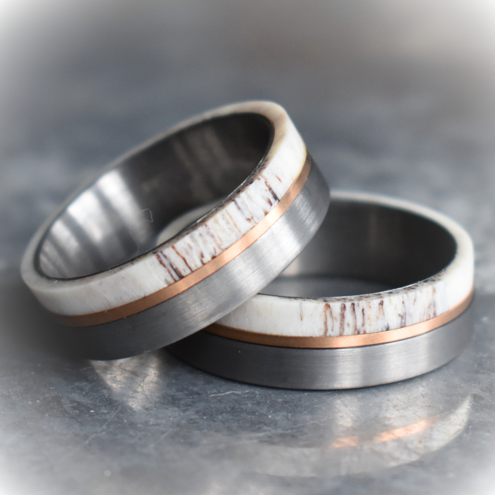 Deer Antler and Brushed Silver Tungsten 8mm Ring with Rose Gold Center - Tungsten Titans