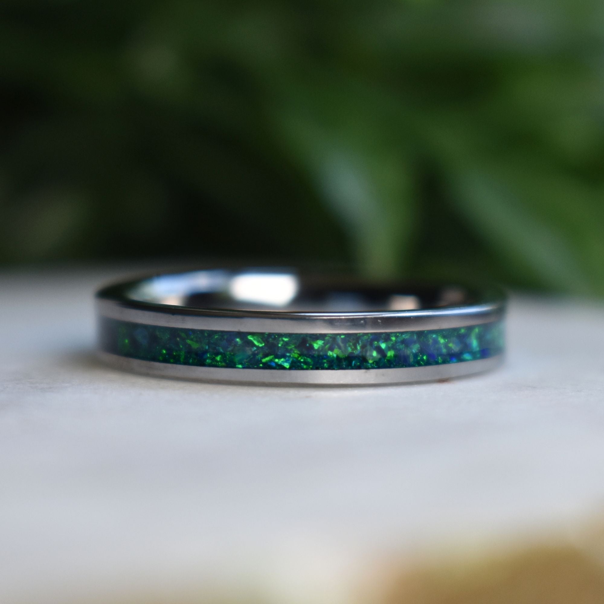 Tungsten 4mm Ring Crushed Green and Blue Opal Wedding Band