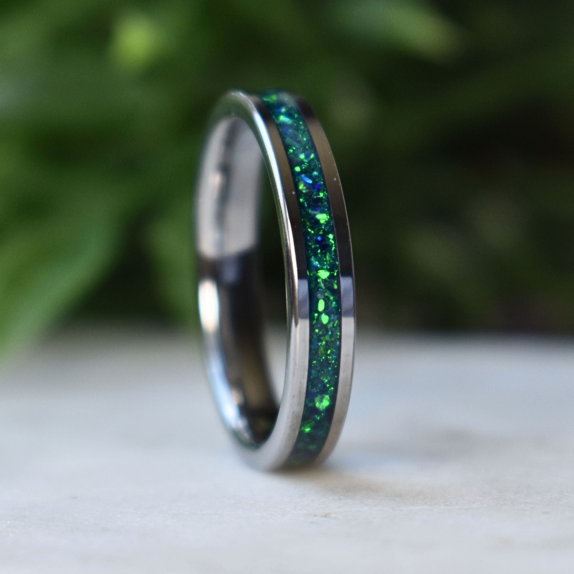 Tungsten 4mm Ring Crushed Green and Blue Opal Wedding Band