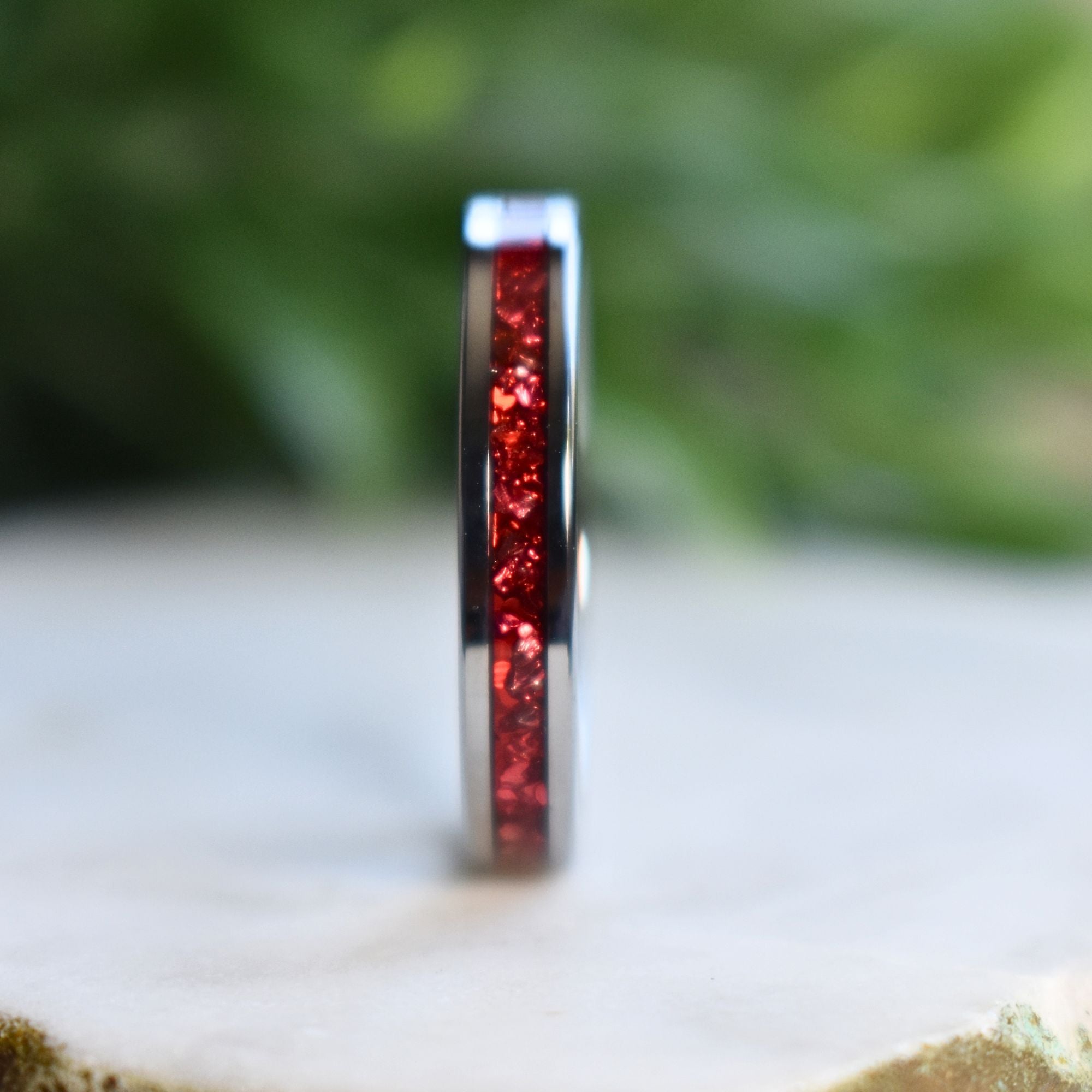 Tungsten 4mm Ring German Ruby Red Glass Wedding Band