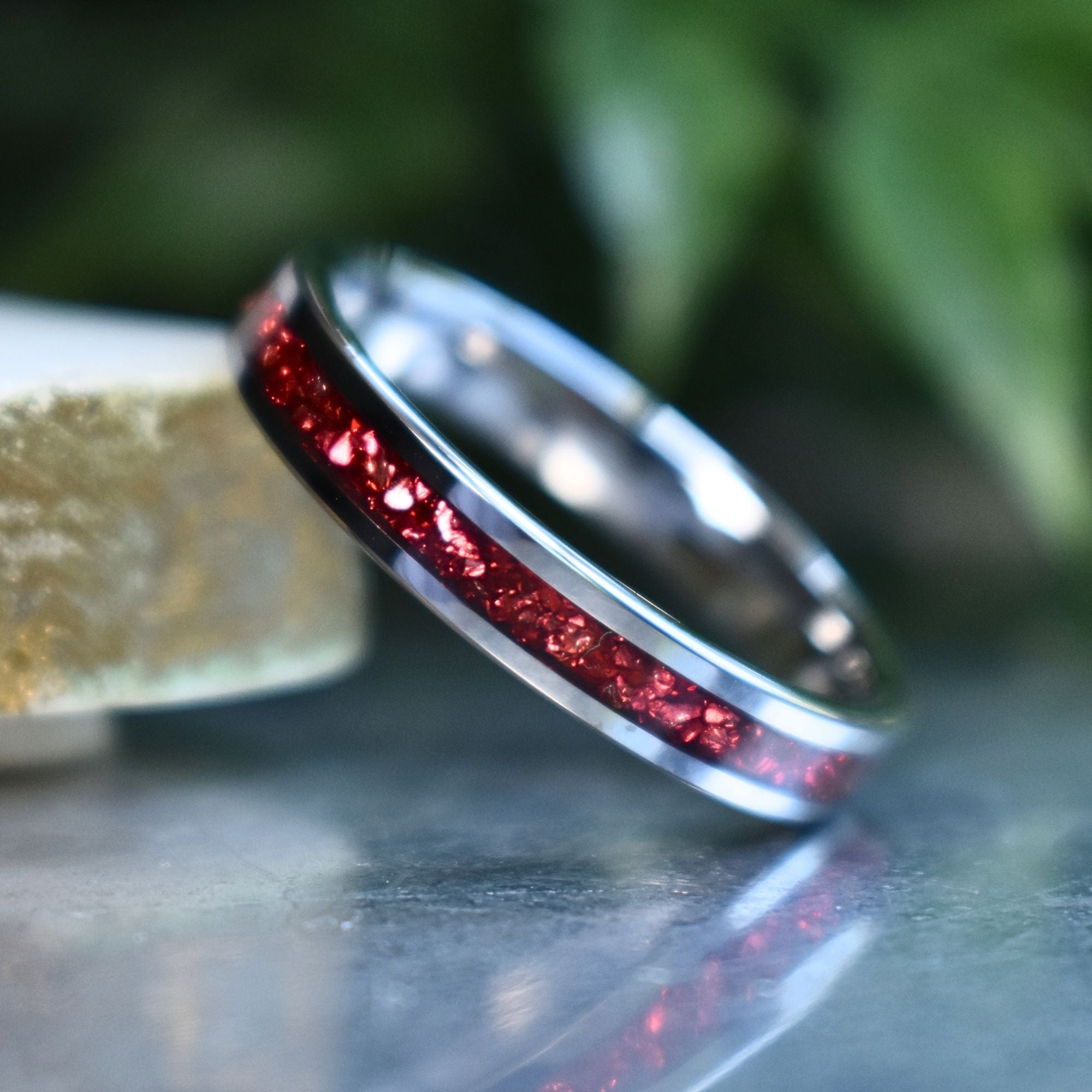 Tungsten 4mm Ring German Ruby Red Glass Wedding Band