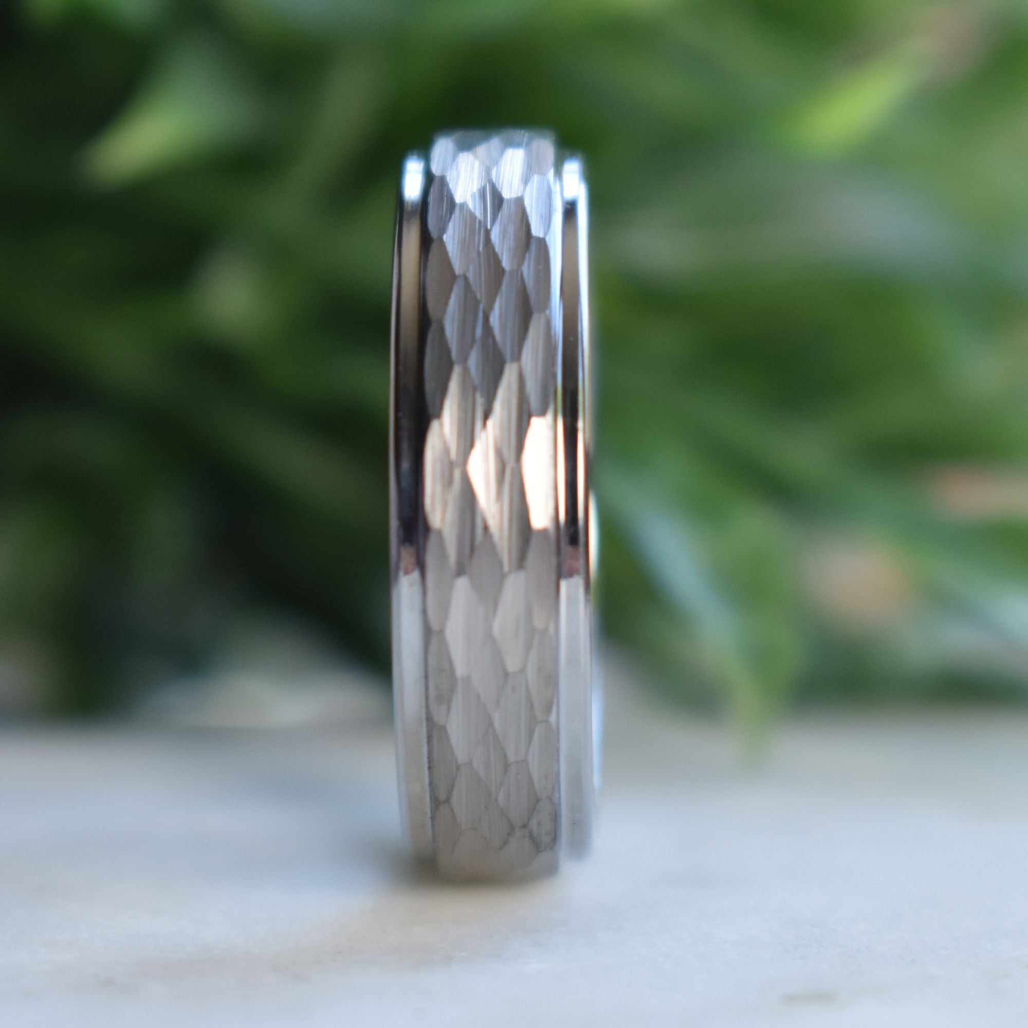 Tungsten 7mm Ring Hammered Silver with Comfort fit band