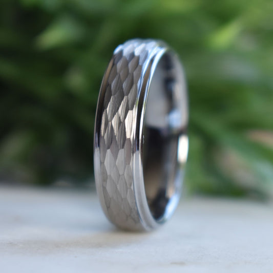 Tungsten 7mm Ring Hammered Silver with Comfort fit band