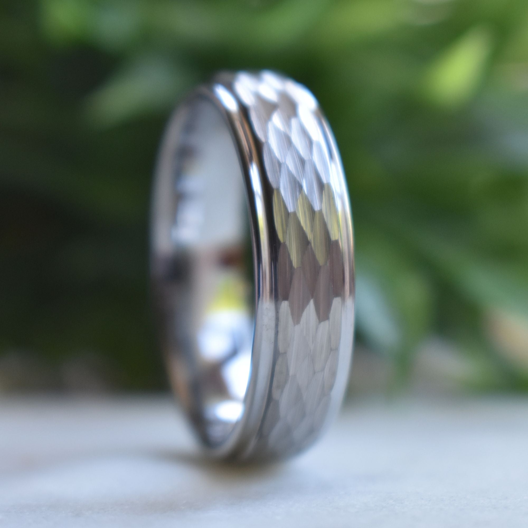 Tungsten 7mm Ring Hammered Silver with Comfort fit band
