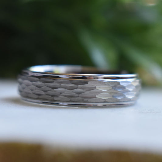 Tungsten 7mm Ring Hammered Silver with Comfort fit band