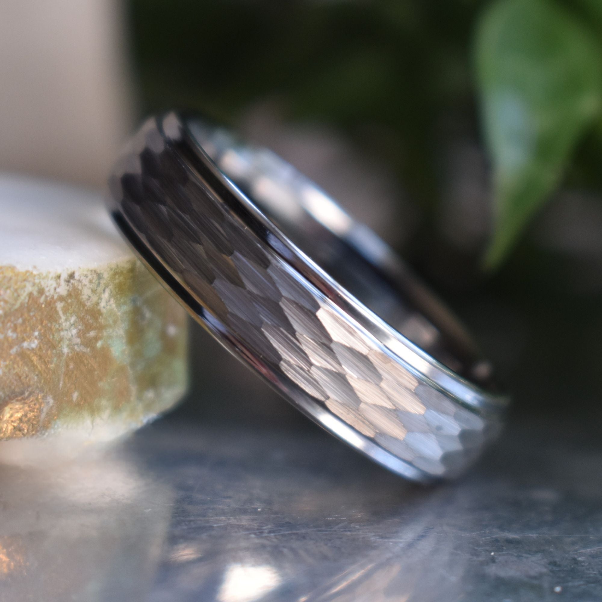 Tungsten 7mm Ring Hammered Silver with Comfort fit band