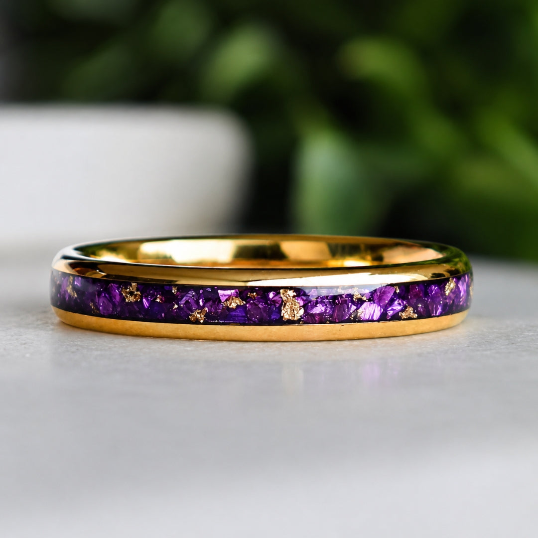 Tungsten 4mm Gold Ring with Amethyst & Gold Leaf Inlay