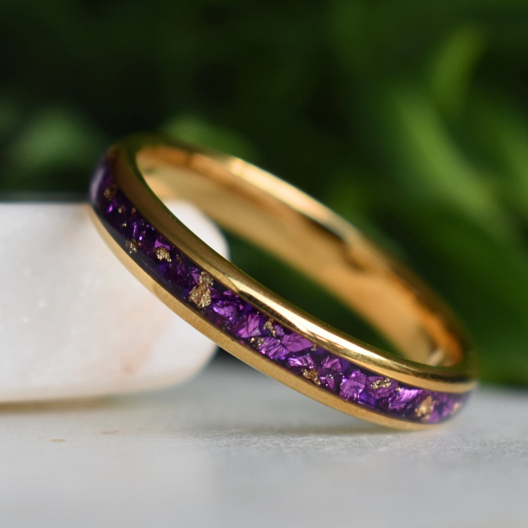 Tungsten 4mm Gold Ring with Amethyst & Gold Leaf Inlay