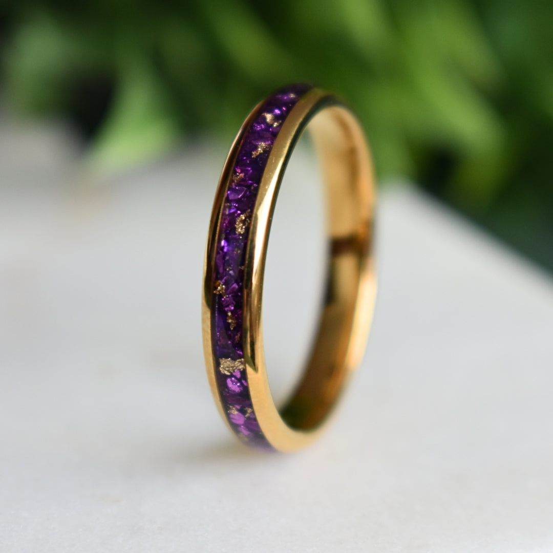 Tungsten 4mm Gold Ring with Amethyst & Gold Leaf Inlay