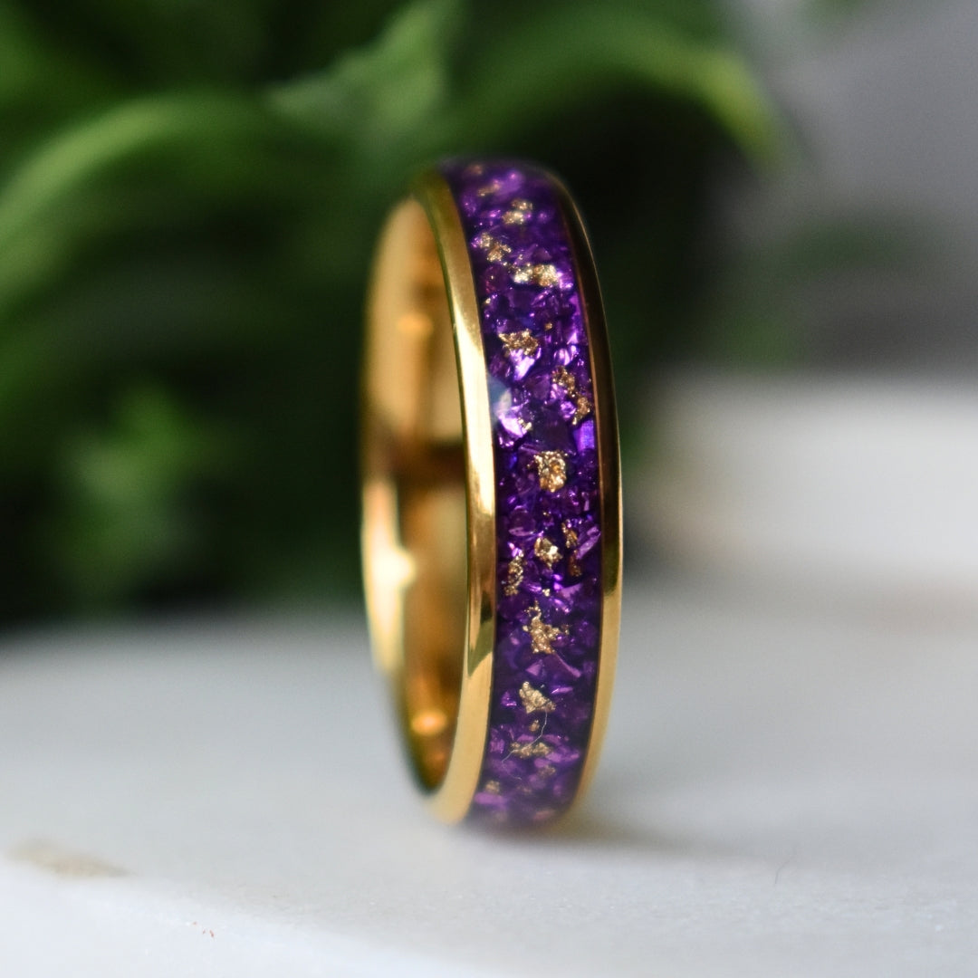 Tungsten 6mm Gold Ring with Amethyst & Gold Leaf Inlay