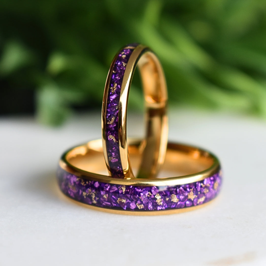 Tungsten 6mm Gold Ring with Amethyst & Gold Leaf Inlay