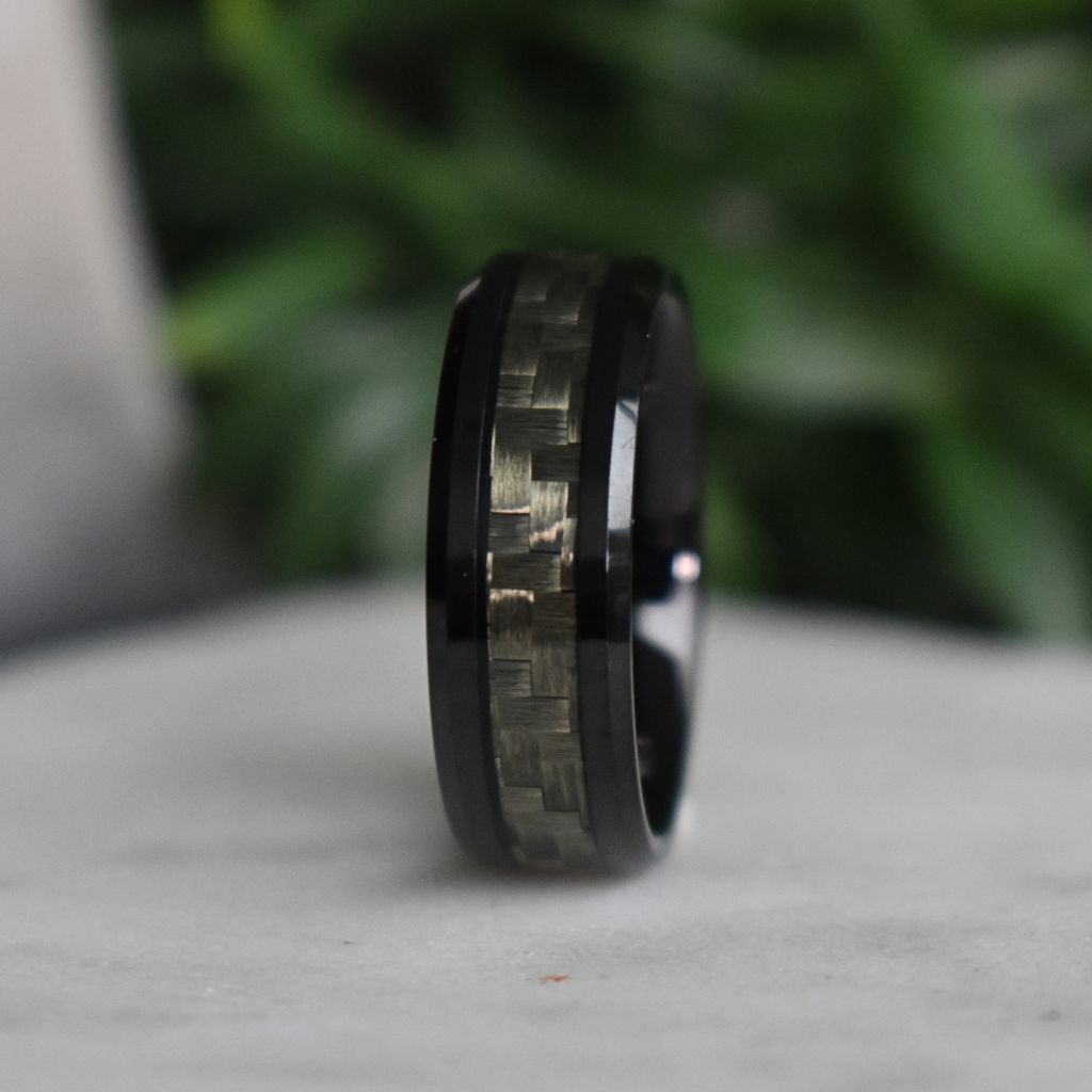 Black 8mm Tungsten Ring with Grey Carbon Centre - Tungsten Titans